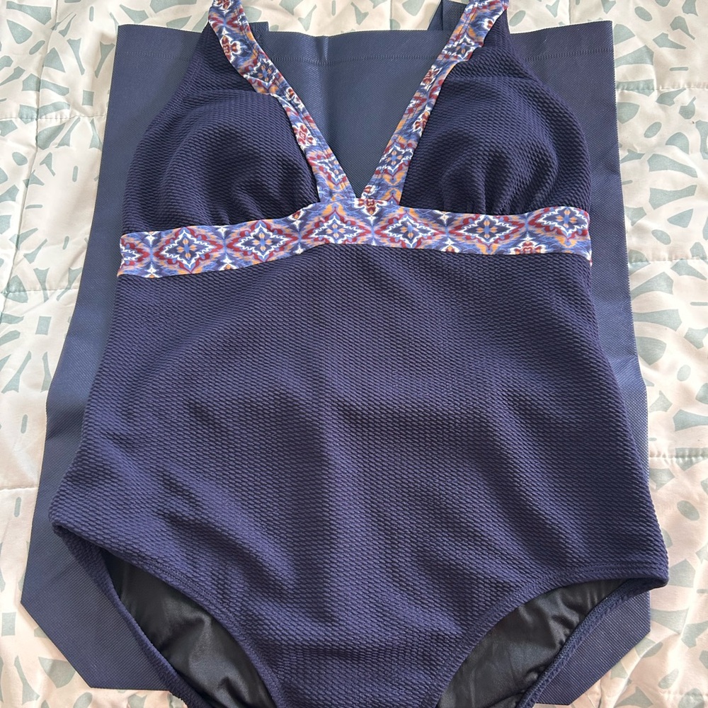 Cupshe Navy One-Piece Swimsuit with Patterned Trim